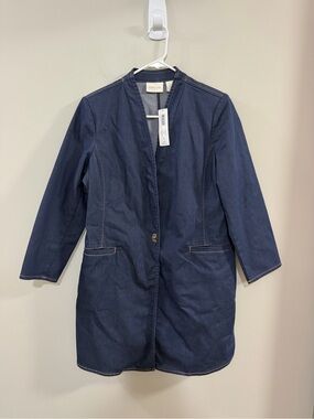 Chico's Navy Collarless Longline Jean Jacket with Single Toggle Closure. Size 1